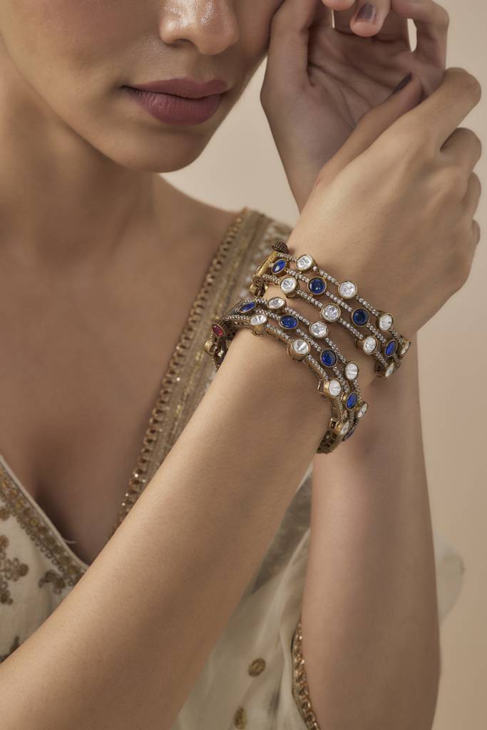 Vivinia By Vidhi Mehra Burgundy Gold Plated Blue Womens Kundan, Polki Pair Of Bangles -Vb667 : VB667