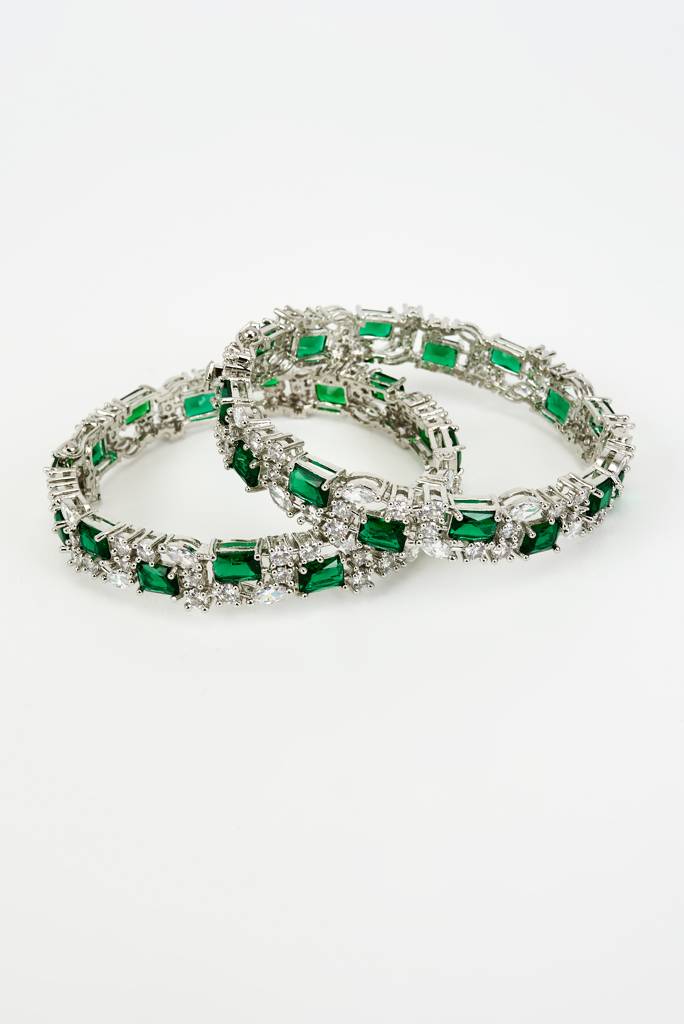 Vivinia By Vidhi Mehra Zia Silver Plated Green Zircon Womens Pair Of Bangles-Vb686 : VB686