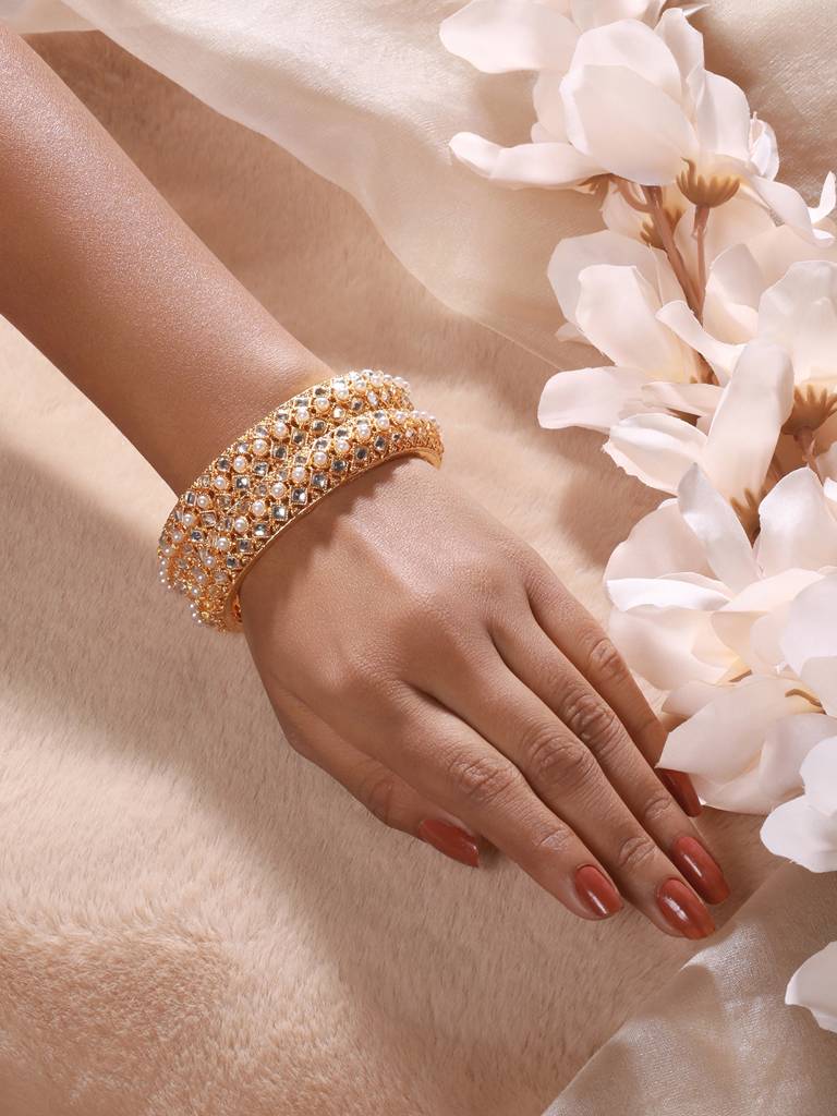 Set Of 2 Gold-Toned Pearl Beaded & Cz Embellished Bangles-Ba-Js23-60068 : BA-JS23-60068