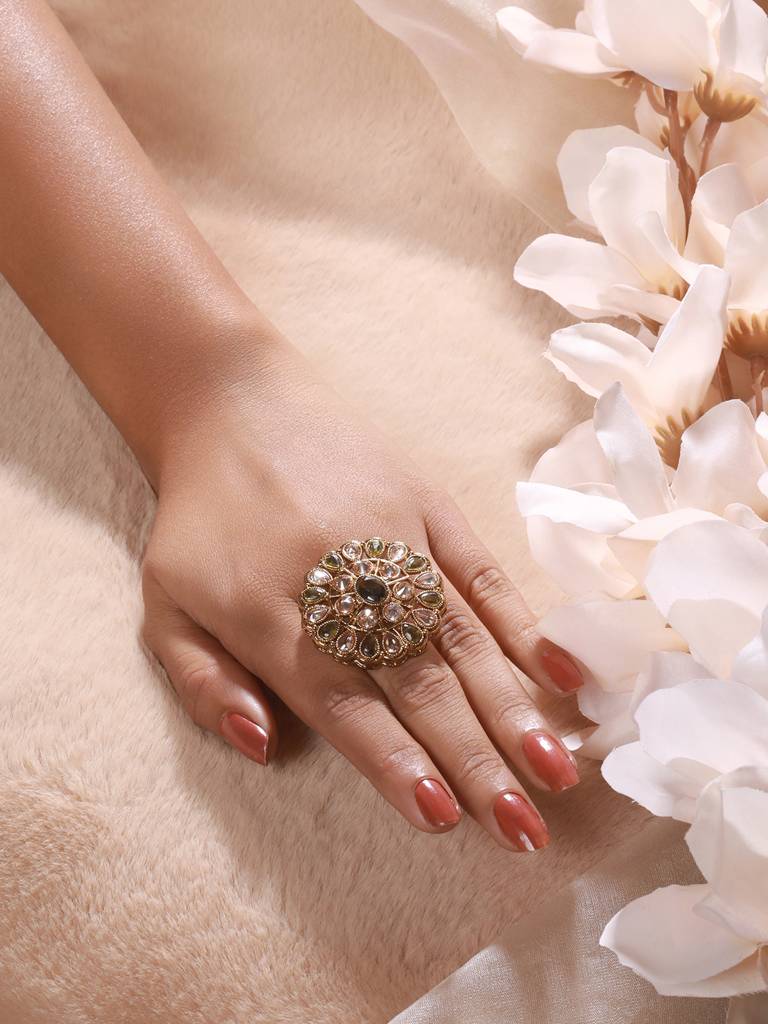 Gold-Plated Green & White Kundan-Studded Adjustable Finger Rings : RNG-JS23-80068