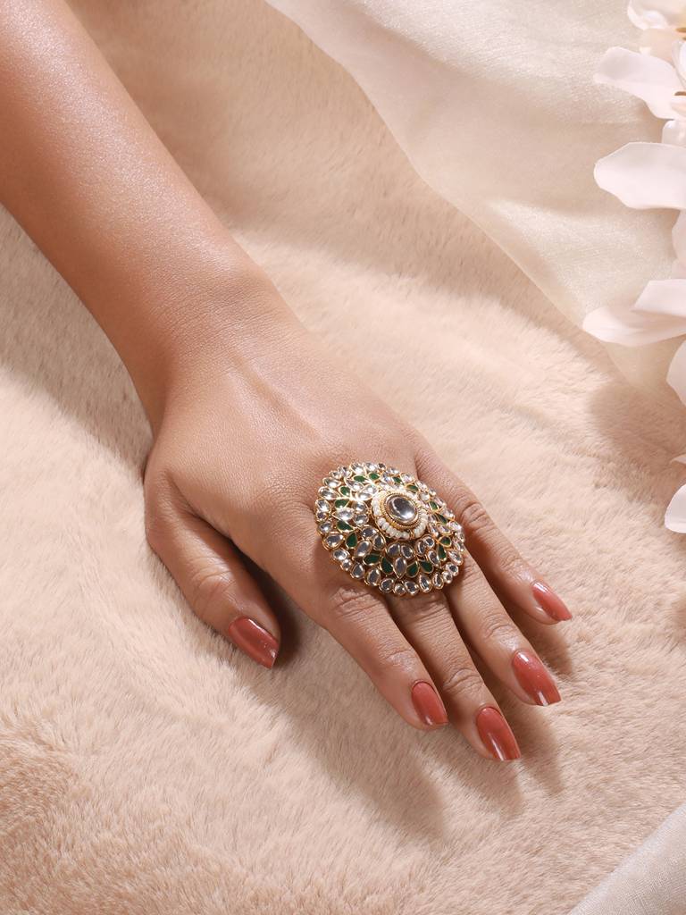 Gold-Plated White & Green Kundan-Studded Adjustable Finger Rings : RNG-JS23-80061