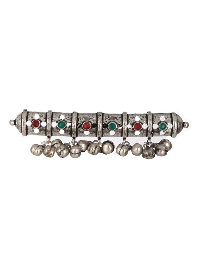 Oxidized Silver-Plated Red & Green Stone-Studded Adjustable Finger Ring : RNG-JS23-80058
