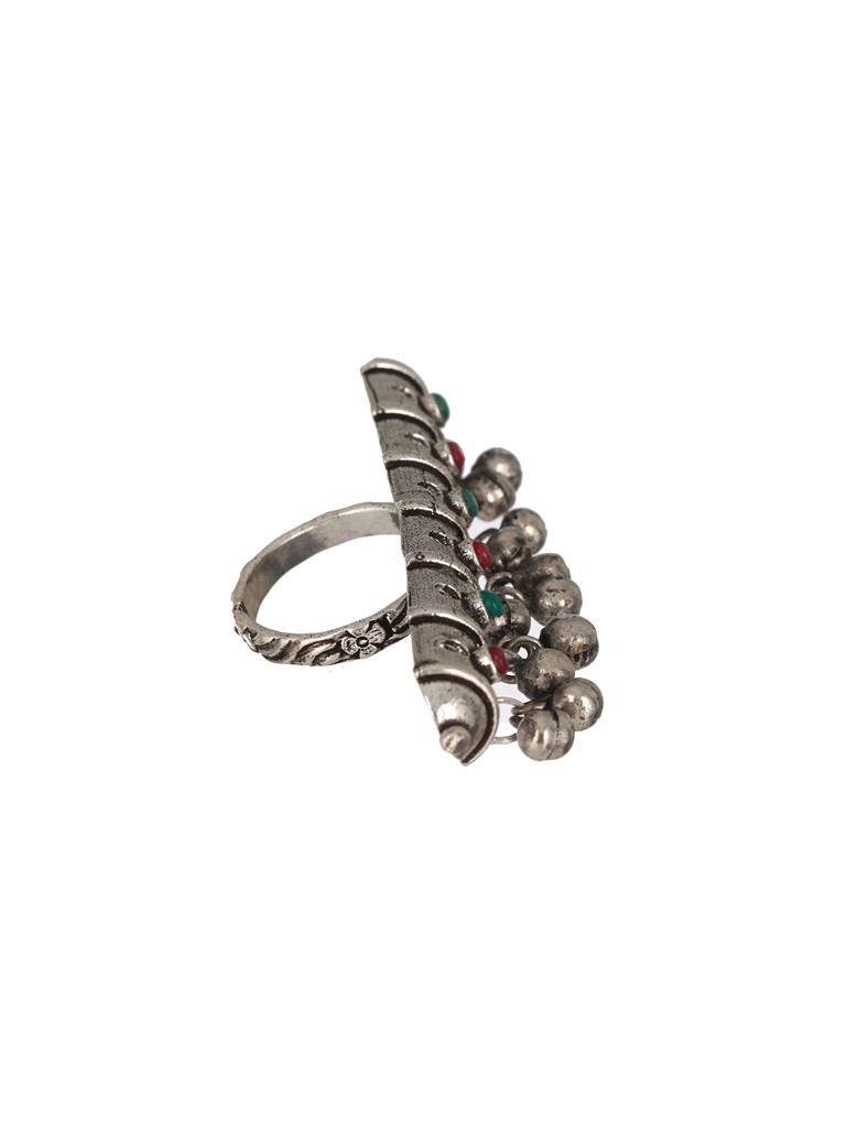 Oxidized Silver-Plated Red & Green Stone-Studded Adjustable Finger Ring : RNG-JS23-80058