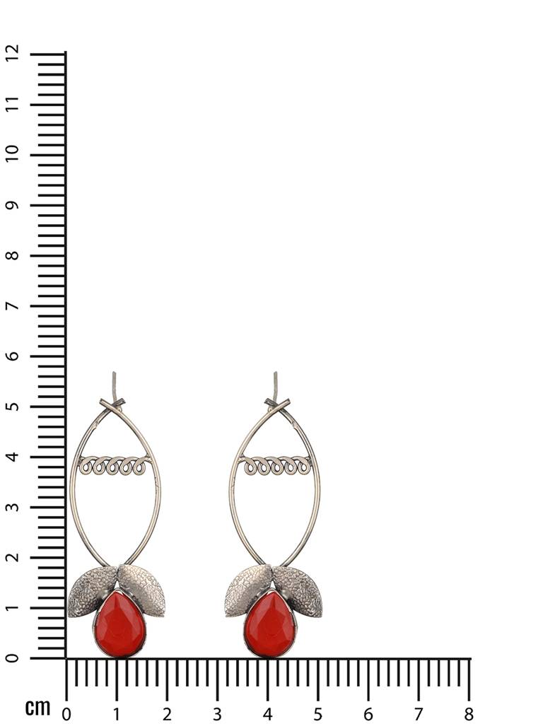 Red Stone Studded & Lef Shaped Contemporary Drop Earrings : EAR-JS23-30253
