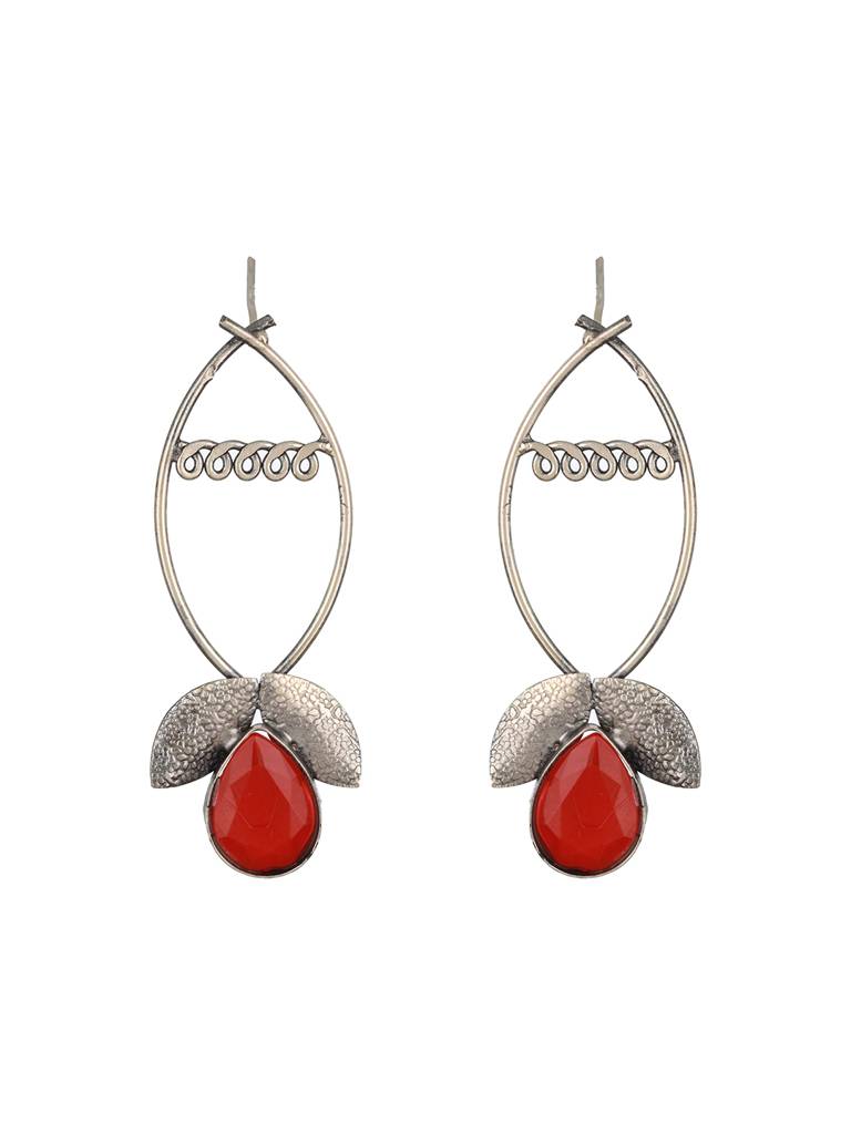 Red Stone Studded & Lef Shaped Contemporary Drop Earrings : EAR-JS23-30253