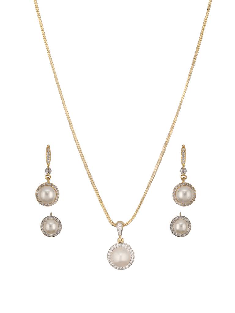 Gold-Plated White Pearl & Ad Studded Chain Pendent With Two Earring Set : NL-JS24-40379