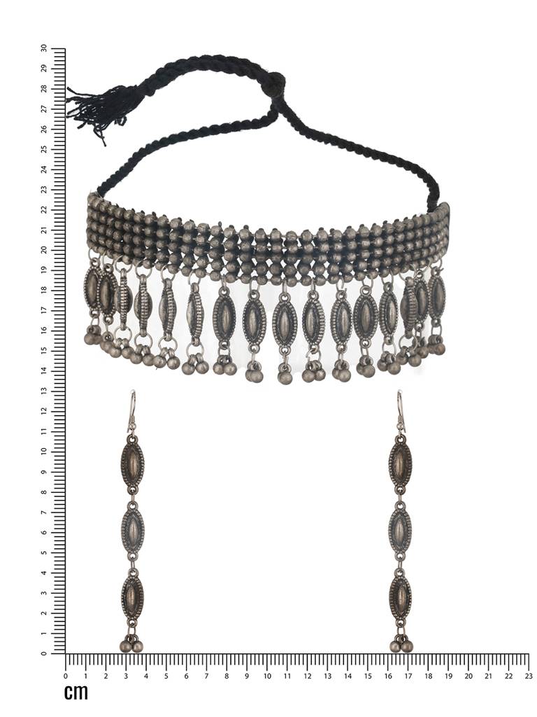 Metallic Silver Plated & Beaded Oxidized Jewellery Set : NL-JS24-40376