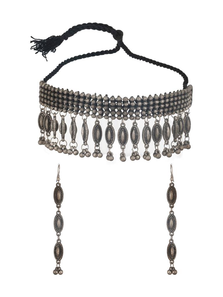 Metallic Silver Plated & Beaded Oxidized Jewellery Set : NL-JS24-40376