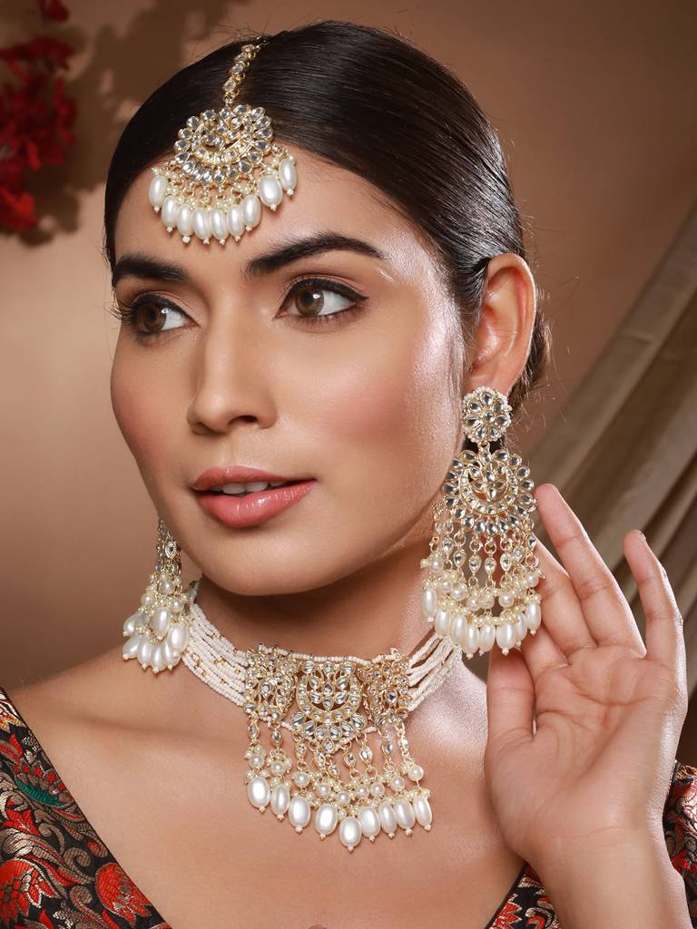 Gold-Plated Kundan-Studded Artificial Pearl Beaded Jewellery Set