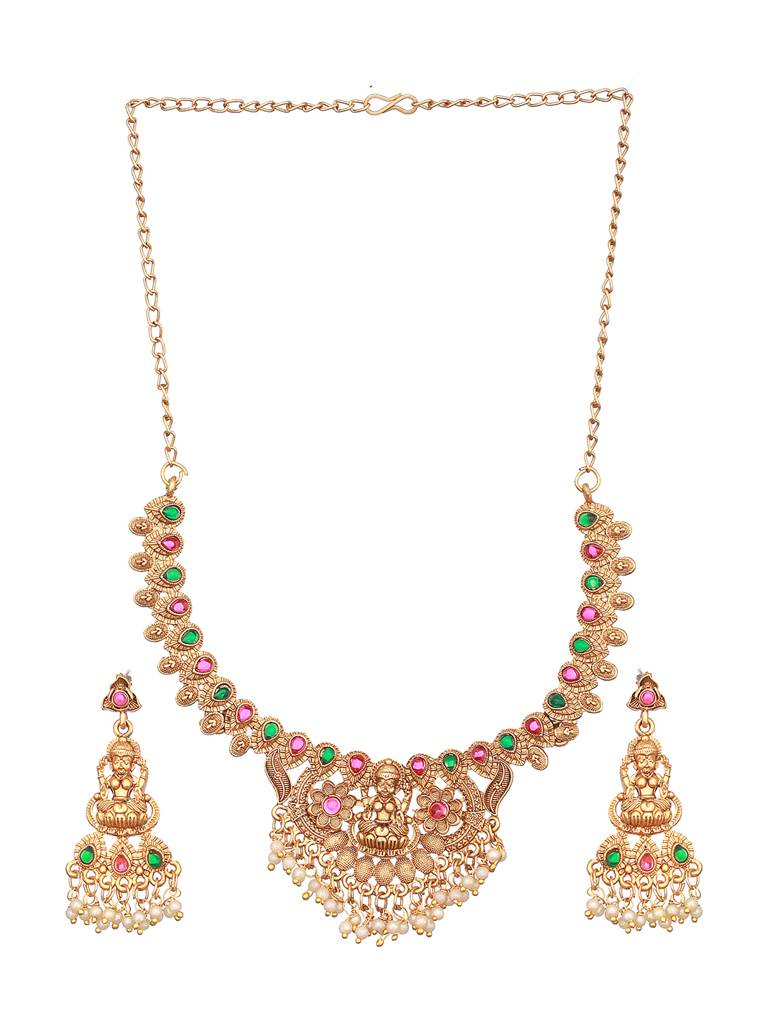 Jazz And Sizzle Gold-Plated Stones Studded & Beads Beaded Temple Necklace With Earrings : NL-JS23-40350