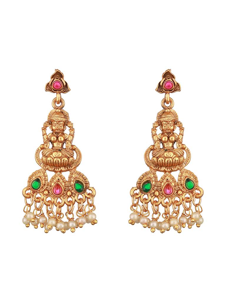 Jazz And Sizzle Gold-Plated Stones Studded & Beads Beaded Temple Necklace With Earrings : NL-JS23-40350