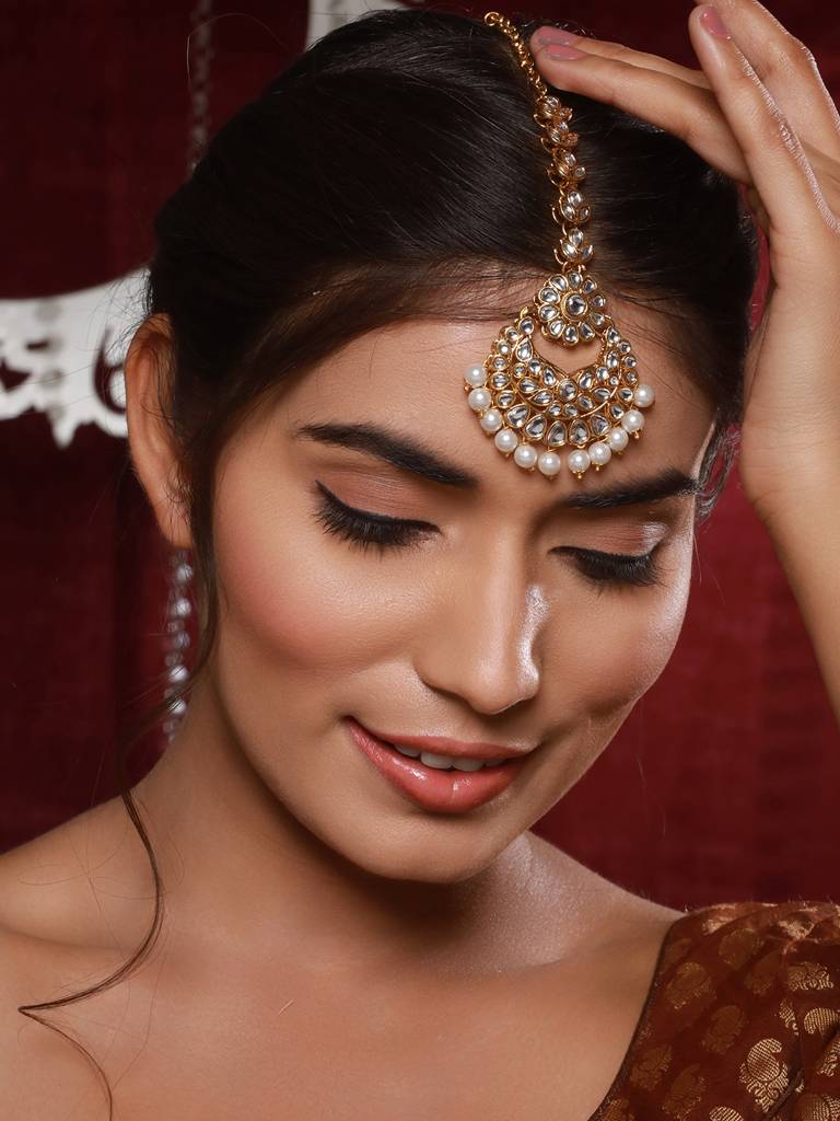 Women Gold-Plated Kundan Studded Maang Tikka Head Jewellery : MTK-JS24-11077