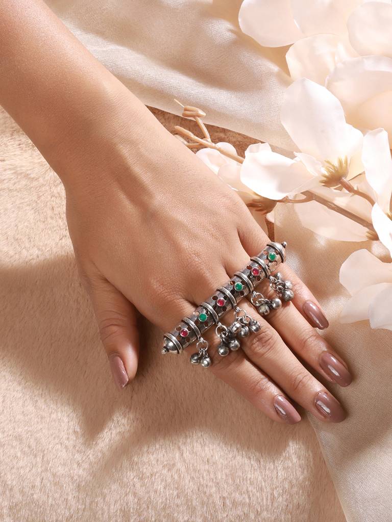 Oxidized Silver-Plated Red Green Stone-Studded Adjustable Finger Ring  Adjustable Brass Silver