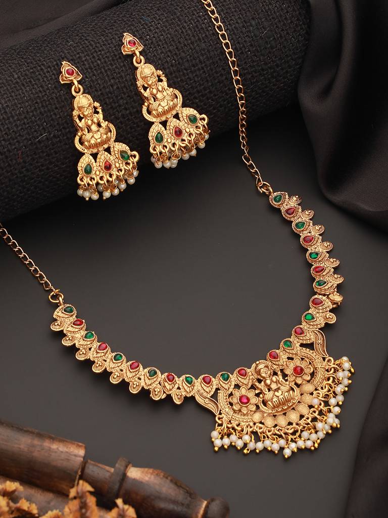 Jazz And Sizzle Gold-Plated Stones Studded & Beads Beaded Temple Necklace With Earrings : NL-JS23-40350