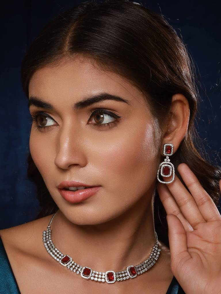 Silver-Plated Ad-Studded Jewellery Set : NL-JS24-40397