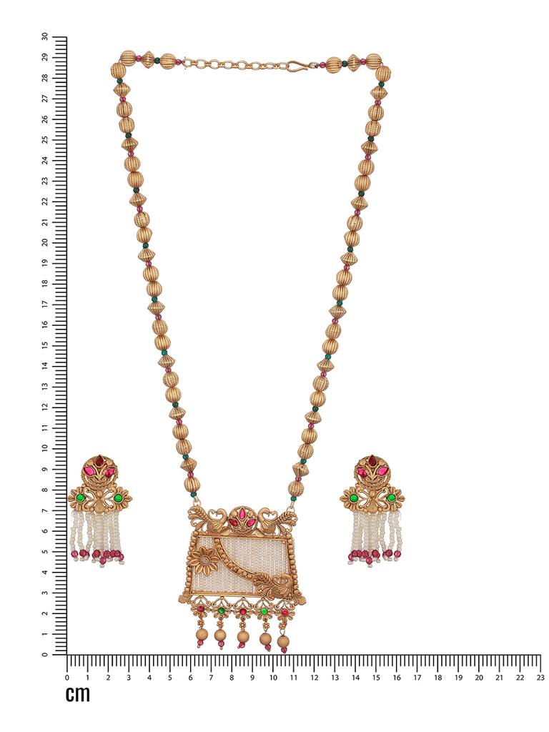 24K Gold-Plated Green & Red Stone Studded & Pearl Beaded Handcrafted Traditional Necklace Set : NL-JS23-40335