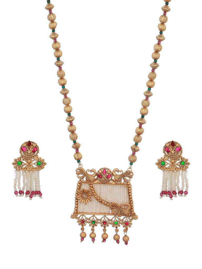 24K Gold-Plated Green & Red Stone Studded & Pearl Beaded Handcrafted Traditional Necklace Set : NL-JS23-40335