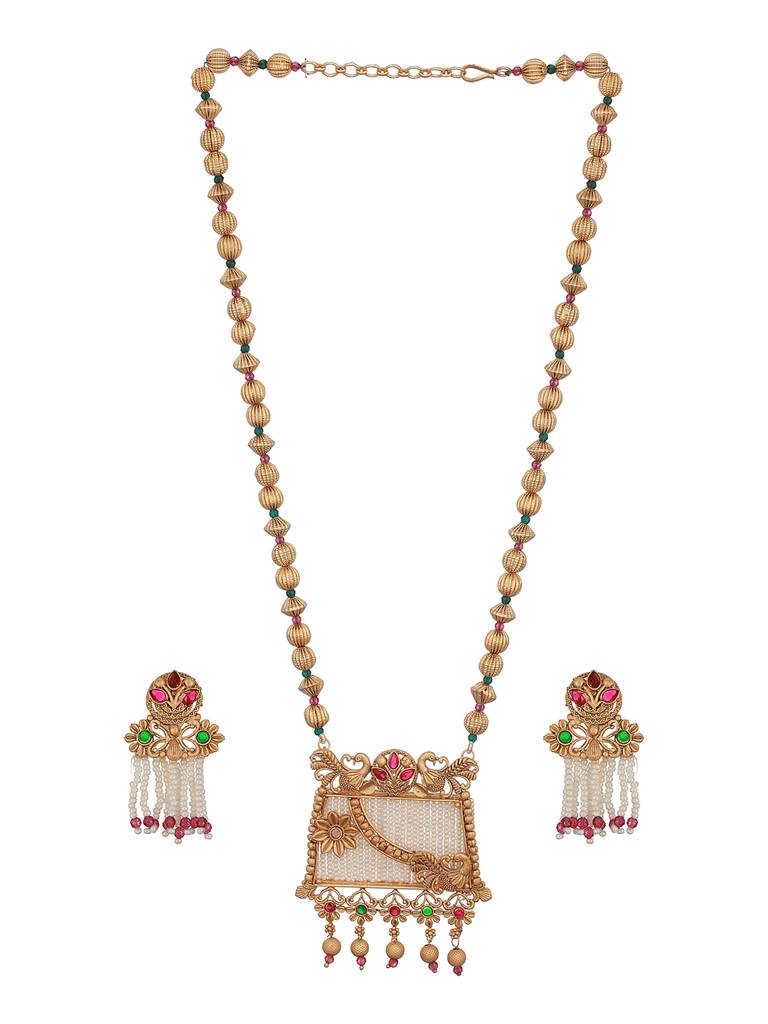24K Gold-Plated Green & Red Stone Studded & Pearl Beaded Handcrafted Traditional Necklace Set : NL-JS23-40335