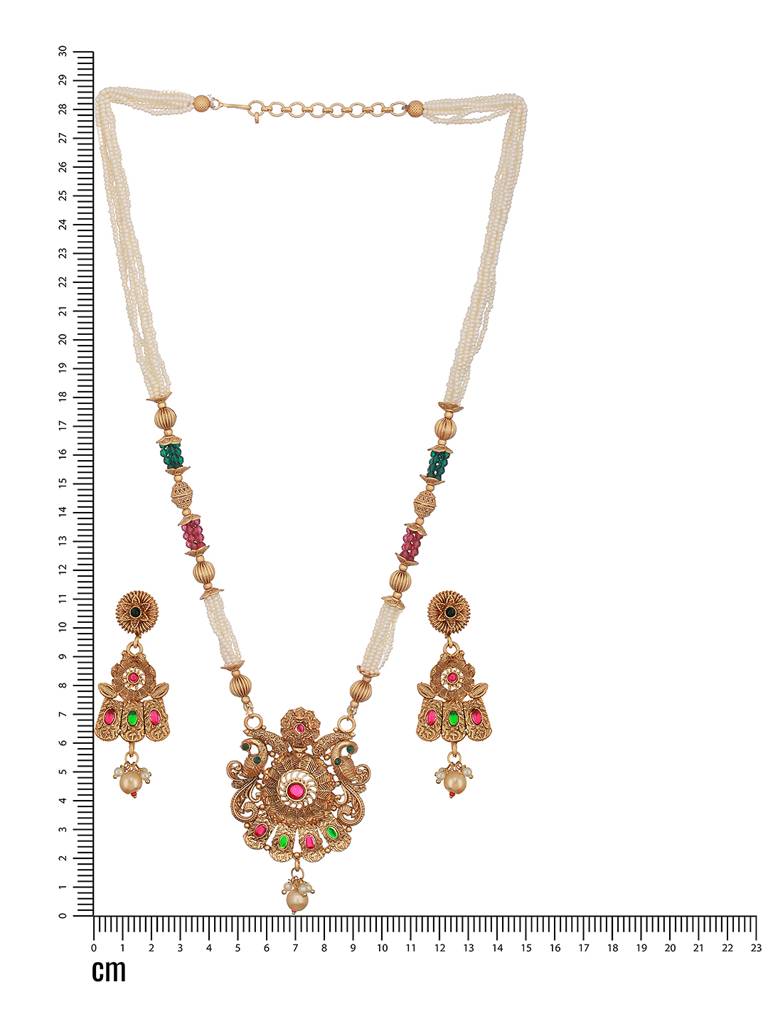 24K Gold Plated Red & Green Stone Studded Beaded Handcrafted Traditional Necklace Set : NL-JS23-40336