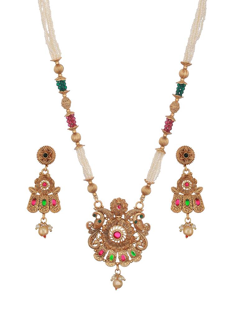 24K Gold Plated Red & Green Stone Studded Beaded Handcrafted Traditional Necklace Set : NL-JS23-40336
