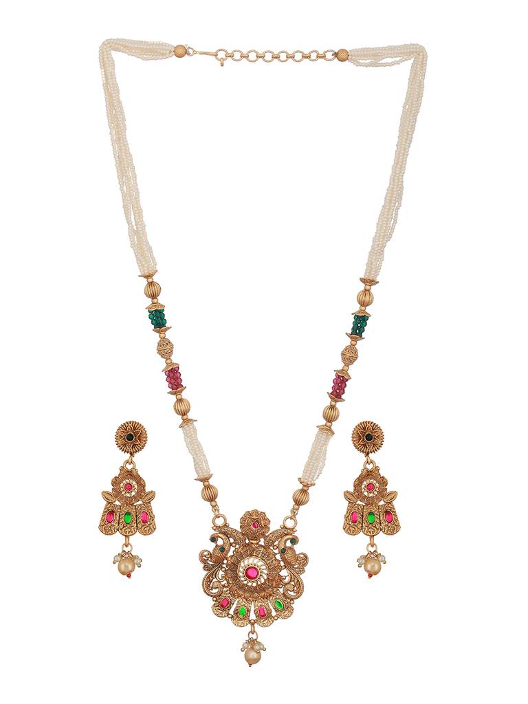 24K Gold Plated Red & Green Stone Studded Beaded Handcrafted Traditional Necklace Set : NL-JS23-40336