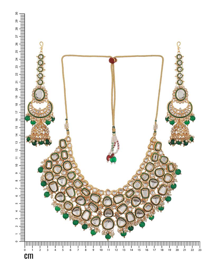 Gold-Plated Green & White Kundan-Studded & Beaded Handcrafted Jewellery Set : NL-JS23-40343