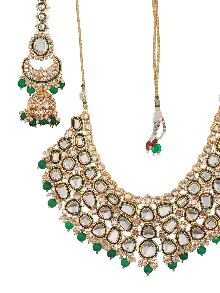 Gold-Plated Green & White Kundan-Studded & Beaded Handcrafted Jewellery Set : NL-JS23-40343