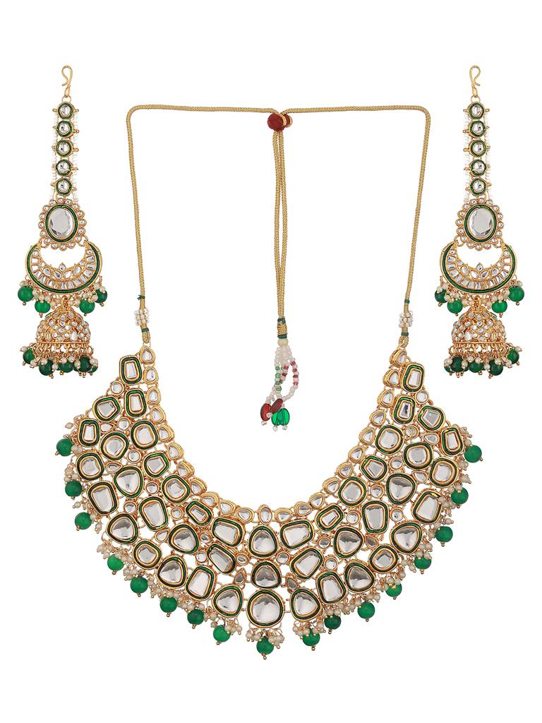 Gold-Plated Green & White Kundan-Studded & Beaded Handcrafted Jewellery Set : NL-JS23-40343