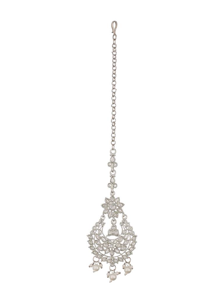 Silver-Plated White Ad-Studded & Pearl Drop Handcrafted Maang Tikka : MTK-JS23-11067