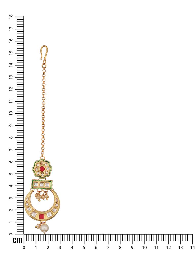 24K Gold-Plated Red & White Kundan & Green Meenakari Maangtikka : MTK-JS23-11063