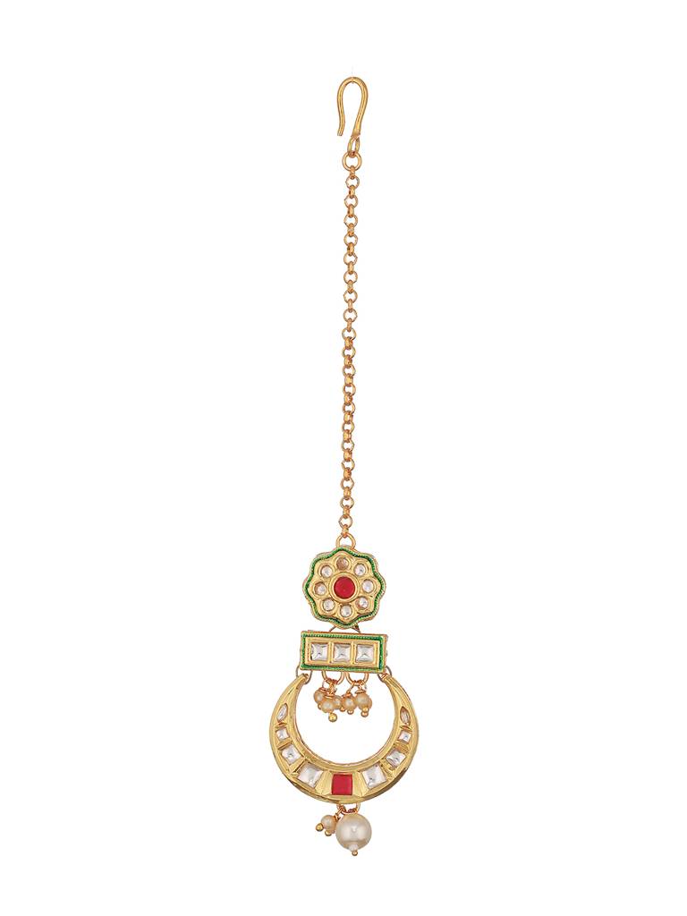 24K Gold-Plated Red & White Kundan & Green Meenakari Maangtikka : MTK-JS23-11063