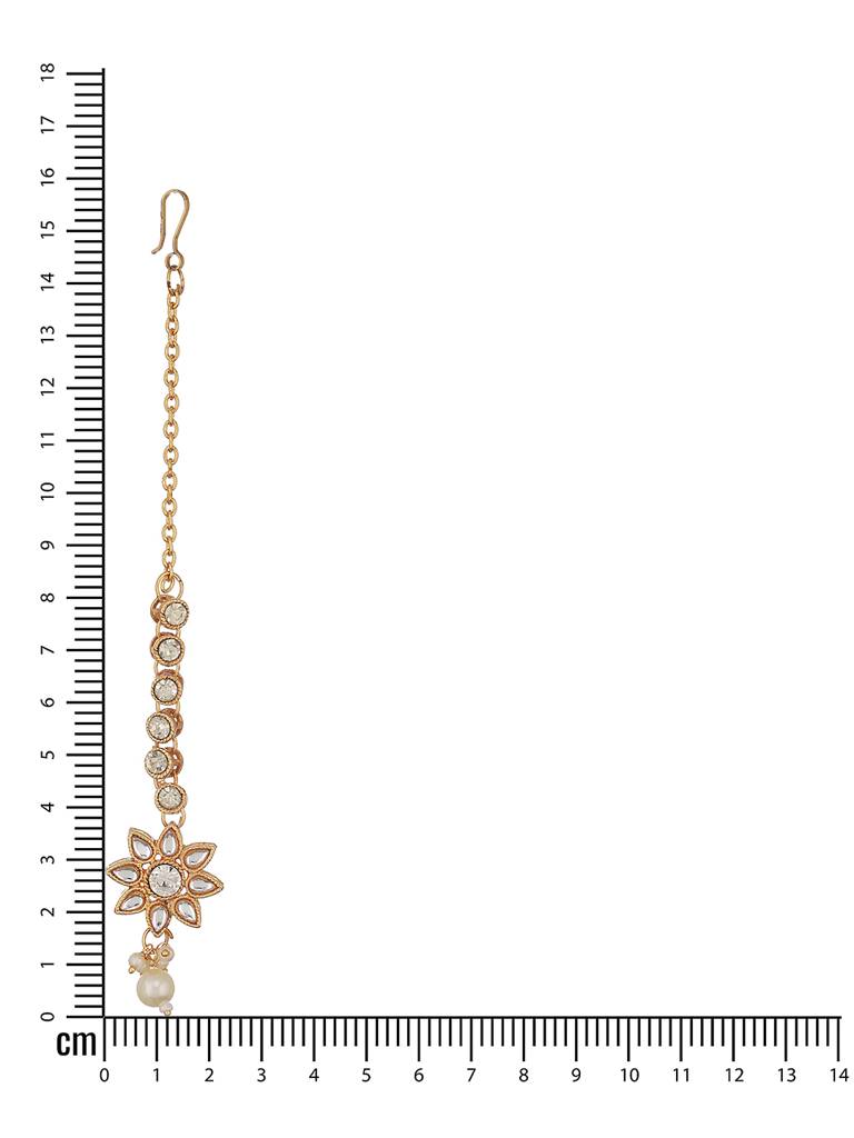 Gold-Plated White Kundan Stone-Studded & Pearl Drop Maang Tikka : MTK-JS23-11061