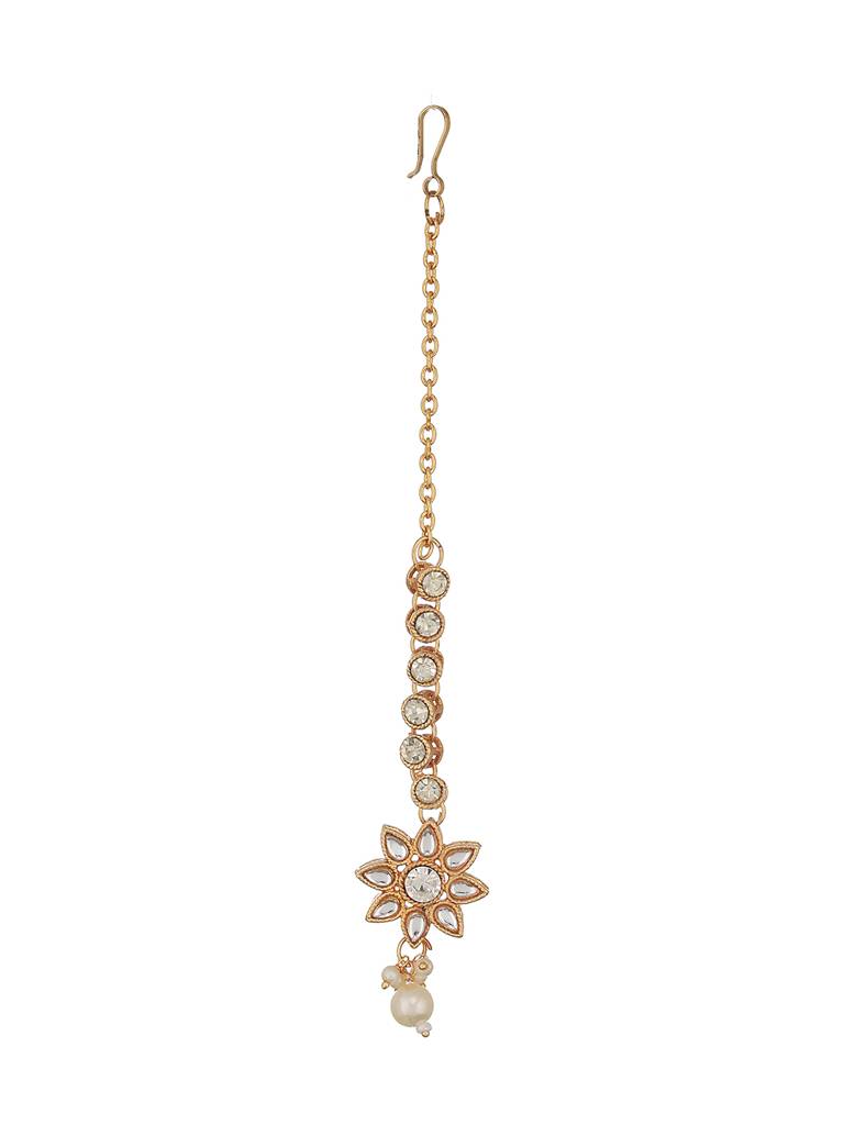 Gold-Plated White Kundan Stone-Studded & Pearl Drop Maang Tikka : MTK-JS23-11061