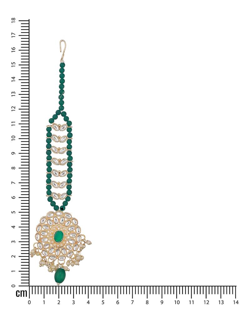 Gold-Plated Green & White Kundan Studded & Pearl Beaded Maang Tikka : MTK-JS23-11064