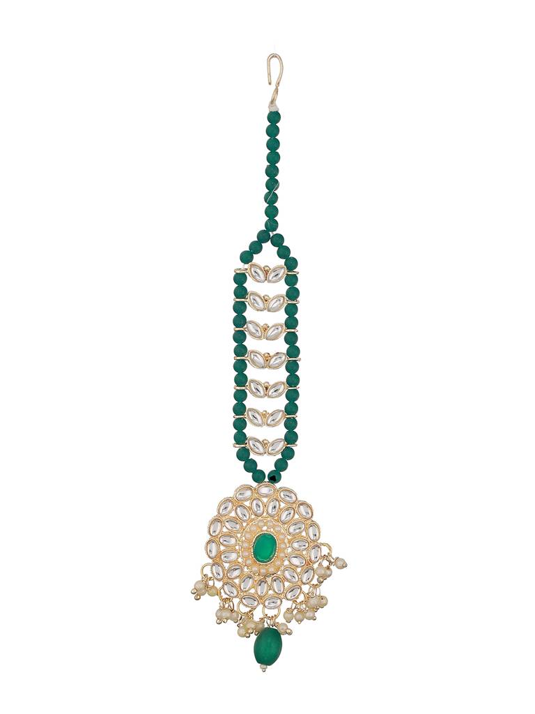 Gold-Plated Green & White Kundan Studded & Pearl Beaded Maang Tikka : MTK-JS23-11064
