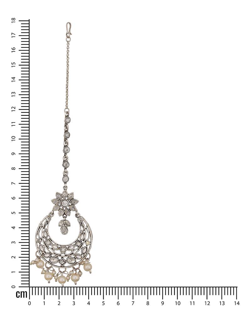 Silver-Plated White Ad-Studded Maang Tikka : MTK-JS23-11050