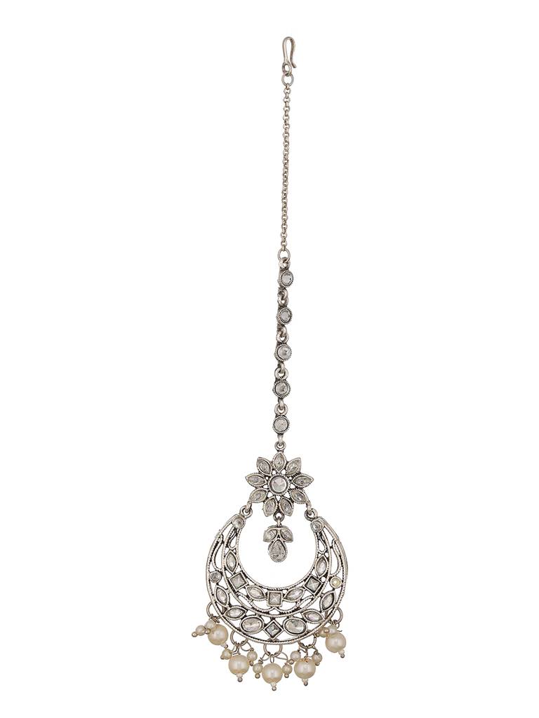 Silver-Plated White Ad-Studded Maang Tikka : MTK-JS23-11050