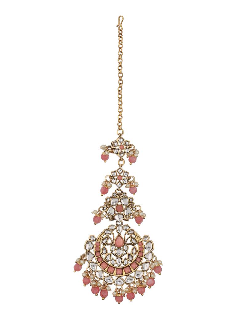 Gold-Plated Pink & White Kundan-Studded Pearl Beaded Maang Tikka : MTK-JS23-11053