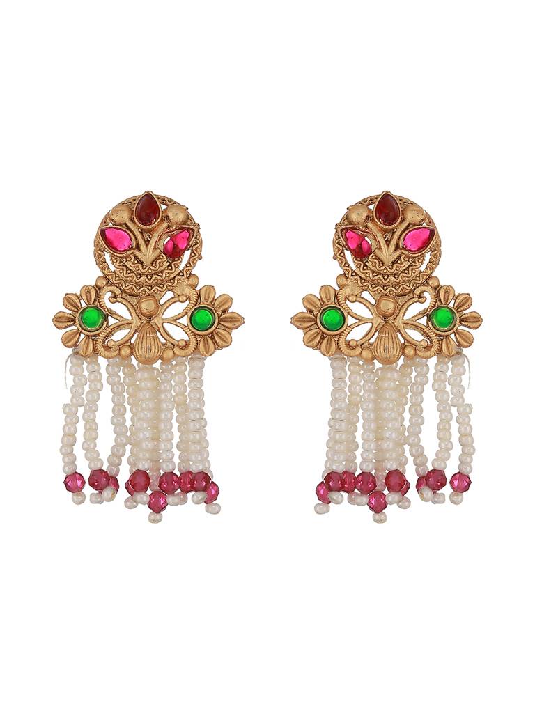 24K Gold-Plated Green & Red Stone Studded & Pearl Beaded Handcrafted Traditional Necklace Set : NL-JS23-40335