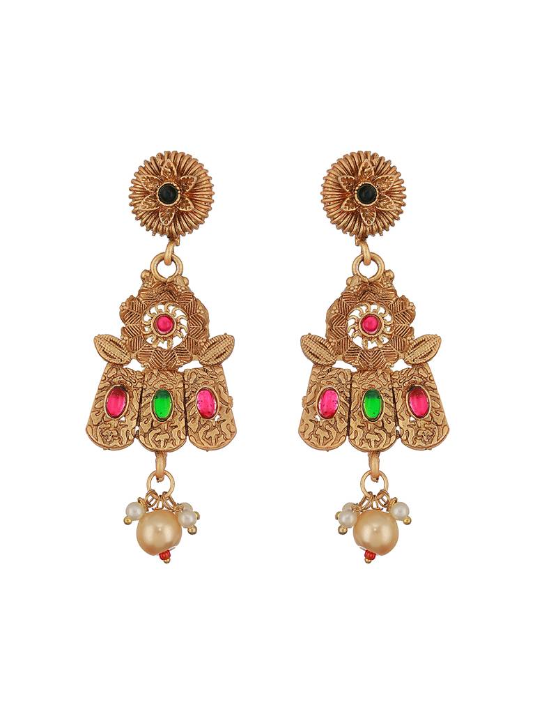 24K Gold Plated Red & Green Stone Studded Beaded Handcrafted Traditional Necklace Set : NL-JS23-40336