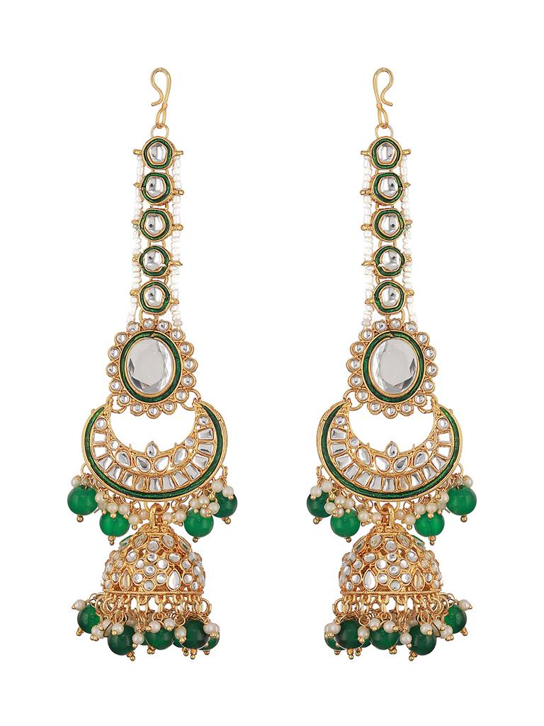 Gold-Plated Green & White Kundan-Studded & Beaded Handcrafted Jewellery Set : NL-JS23-40343