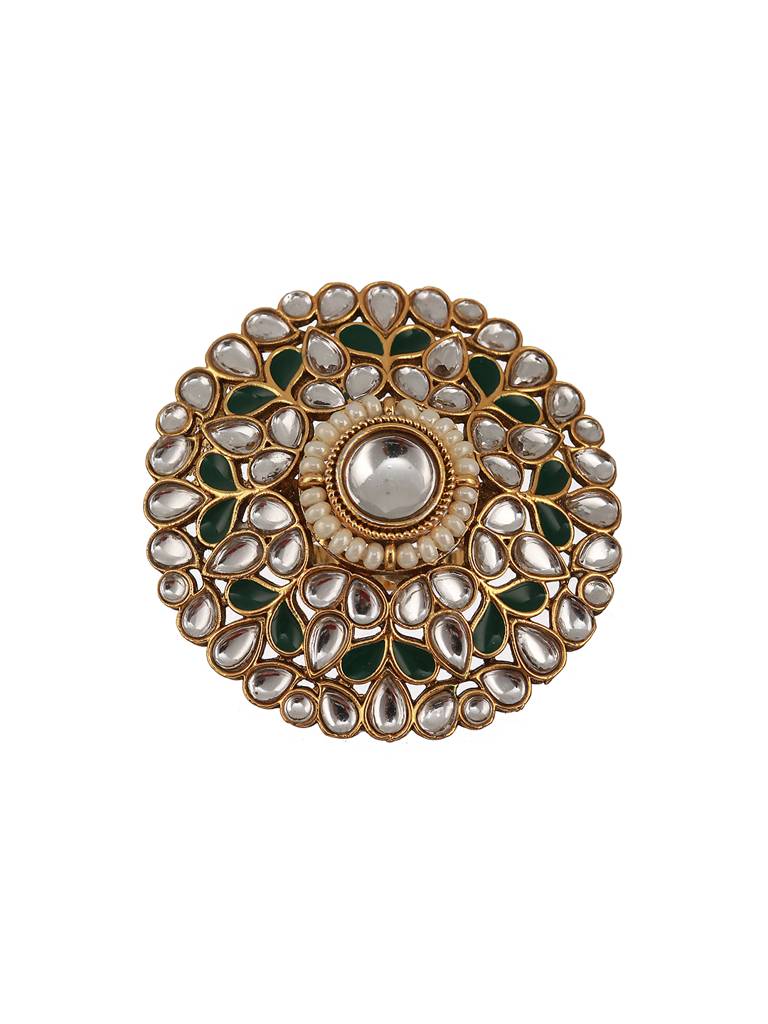 Gold-Plated White & Green Kundan-Studded Adjustable Finger Rings : RNG-JS23-80061