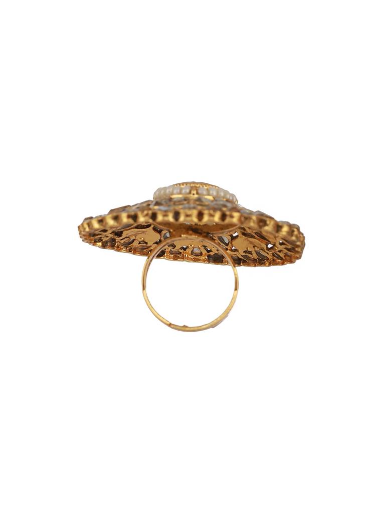 Gold-Plated White & Green Kundan-Studded Adjustable Finger Rings : RNG-JS23-80061