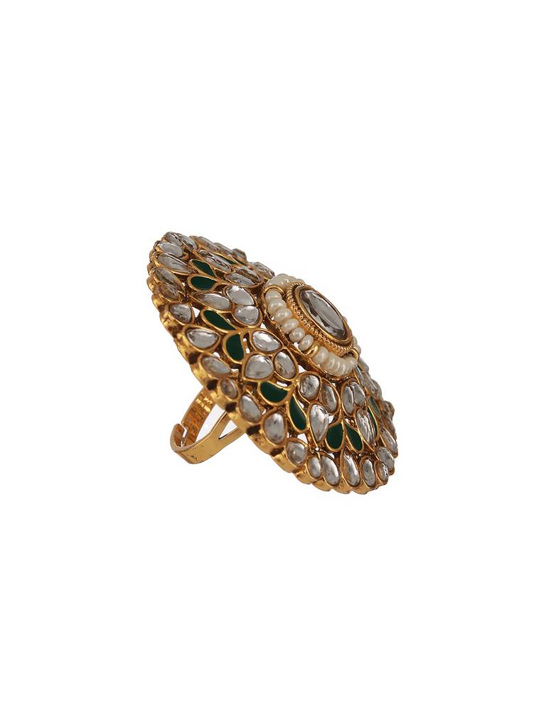 Gold-Plated White & Green Kundan-Studded Adjustable Finger Rings : RNG-JS23-80061
