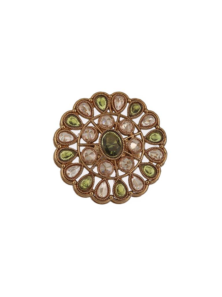 Gold-Plated Green & White Kundan-Studded Adjustable Finger Rings : RNG-JS23-80068