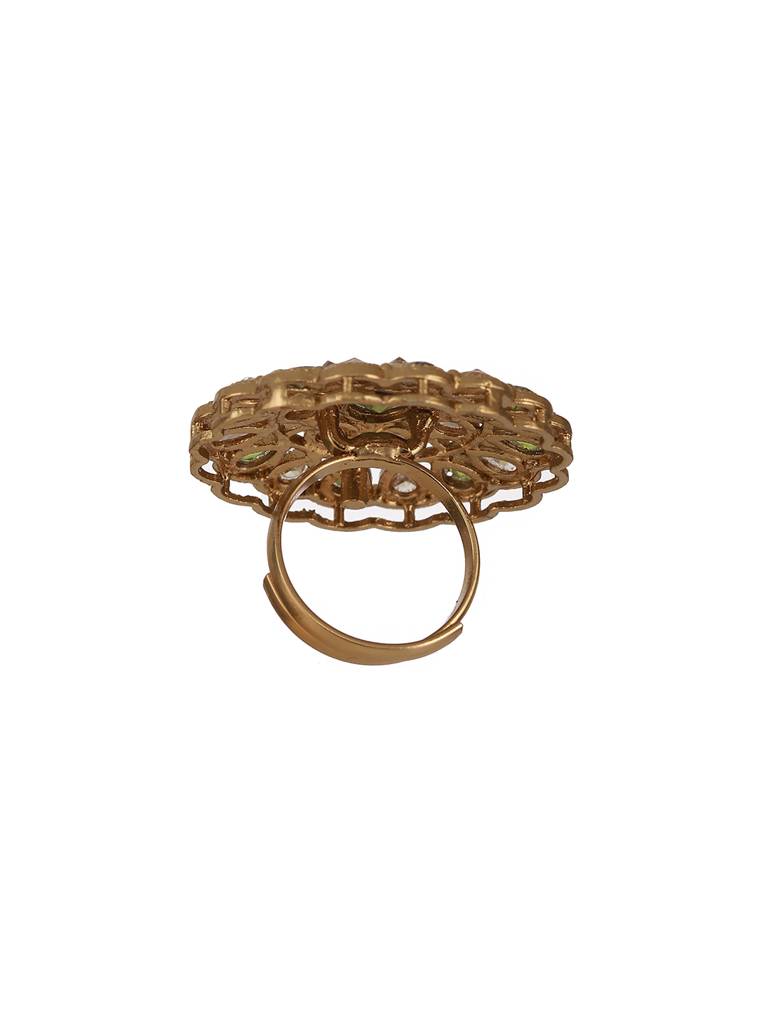 Gold-Plated Green & White Kundan-Studded Adjustable Finger Rings : RNG-JS23-80068