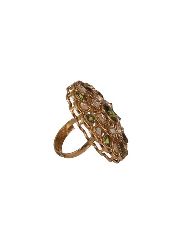 Gold-Plated Green & White Kundan-Studded Adjustable Finger Rings : RNG-JS23-80068