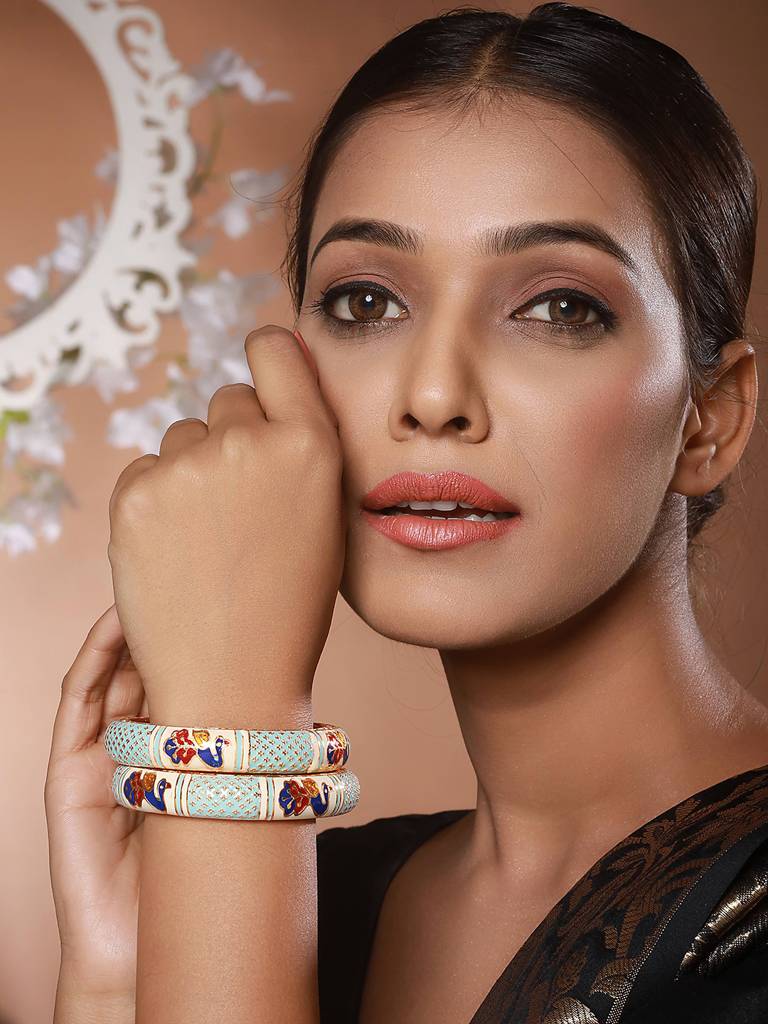 Set Of 2 Gold-Plated Blue Stone-Studded Peacock Meenakari Bangles-Ba-Js23-60083 : BA-JS23-60083
