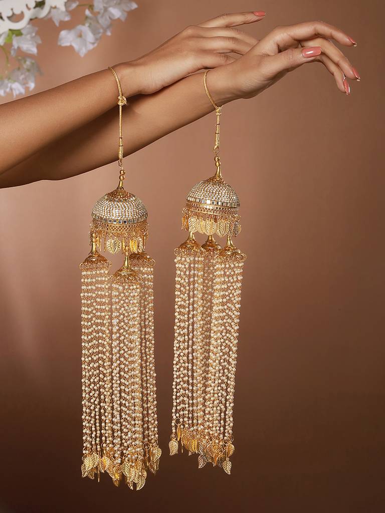 Pack Of 2 Gold Plated Stone Studded & White Long Pearl Beaded Bridal Dome Kaleeras : JS23-KAL007