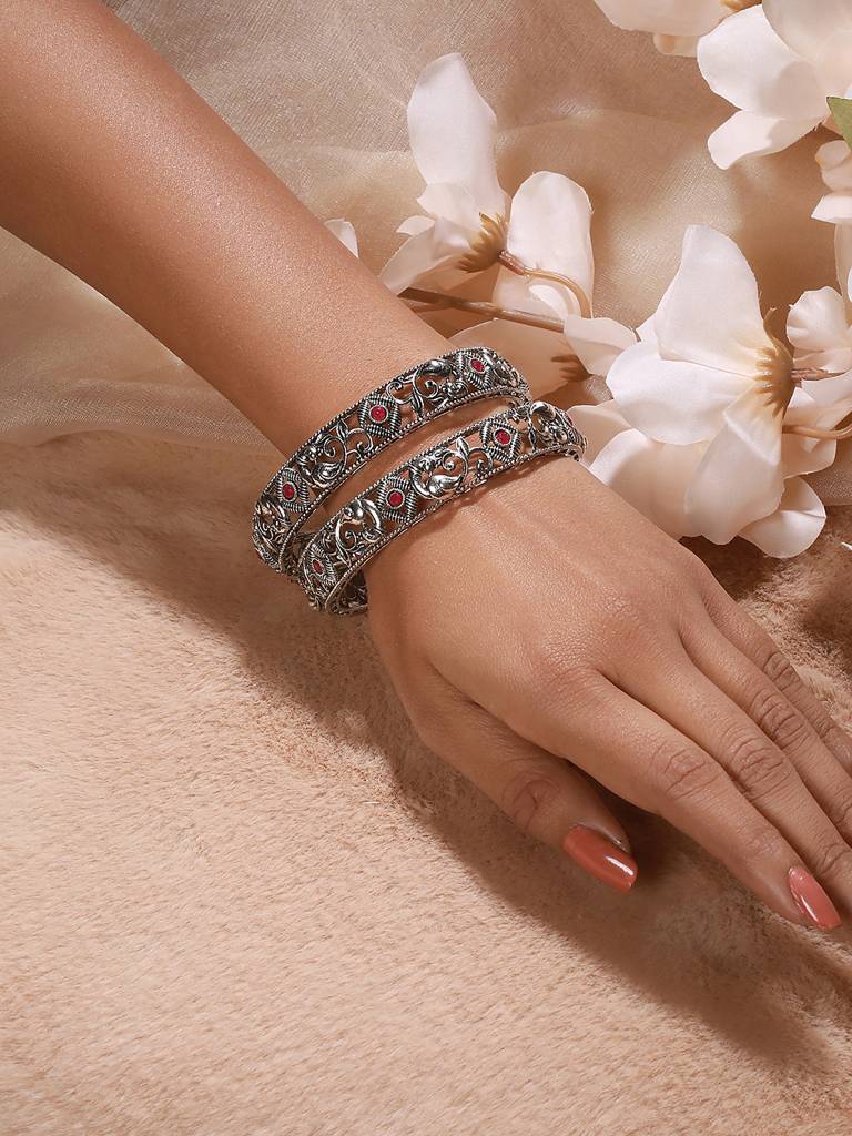 Set Of 2 Oxidised Silver-Toned & Red Stone Studded Peacock Traditional Bangles-Ba-Js23-60077 : BA-JS23-60077